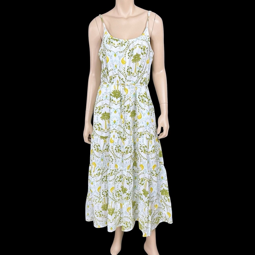 Calypso St Barth Maxi Dress Women Large White Green Tropical Palm Bananas NWOT